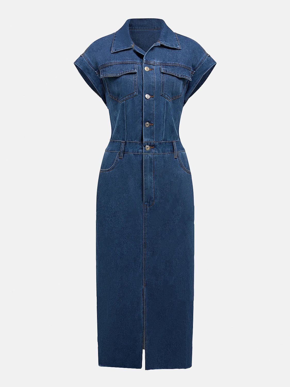 Slit Half Button Collared Neck Cap Sleeve Denim Dress