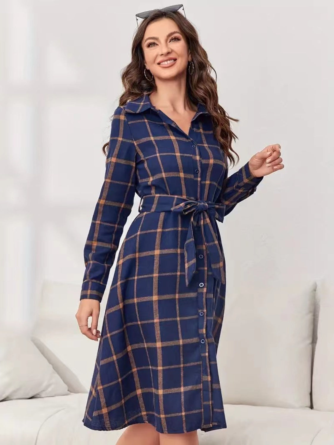 Plaid Tie Waist Long Sleeve Dress