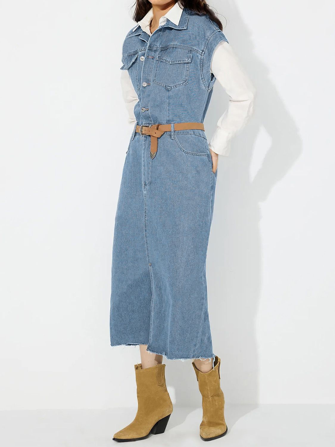 Slit Half Button Collared Neck Cap Sleeve Denim Dress