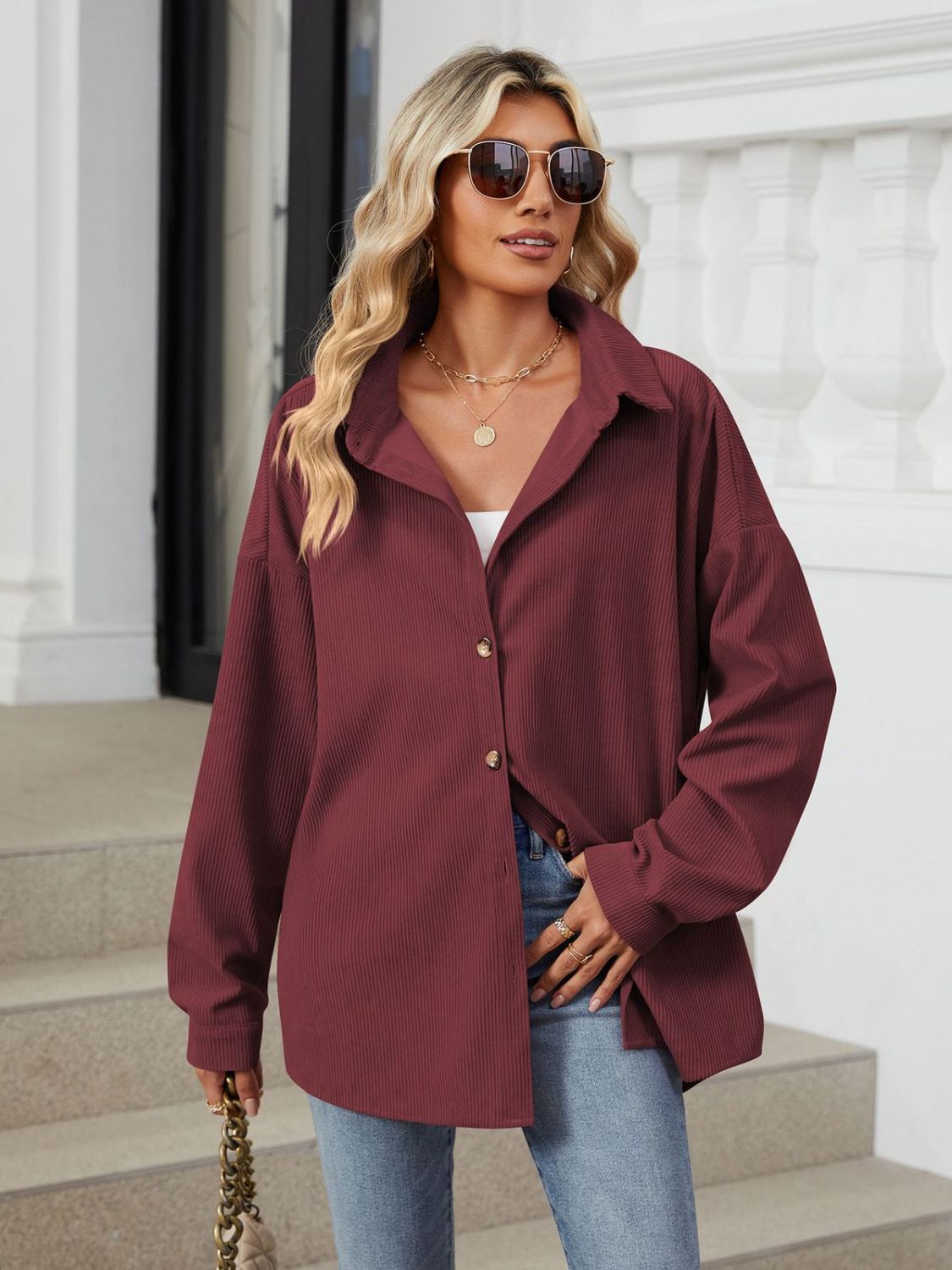 Collared Neck Long Sleeve Dropped Shoulder Shirt