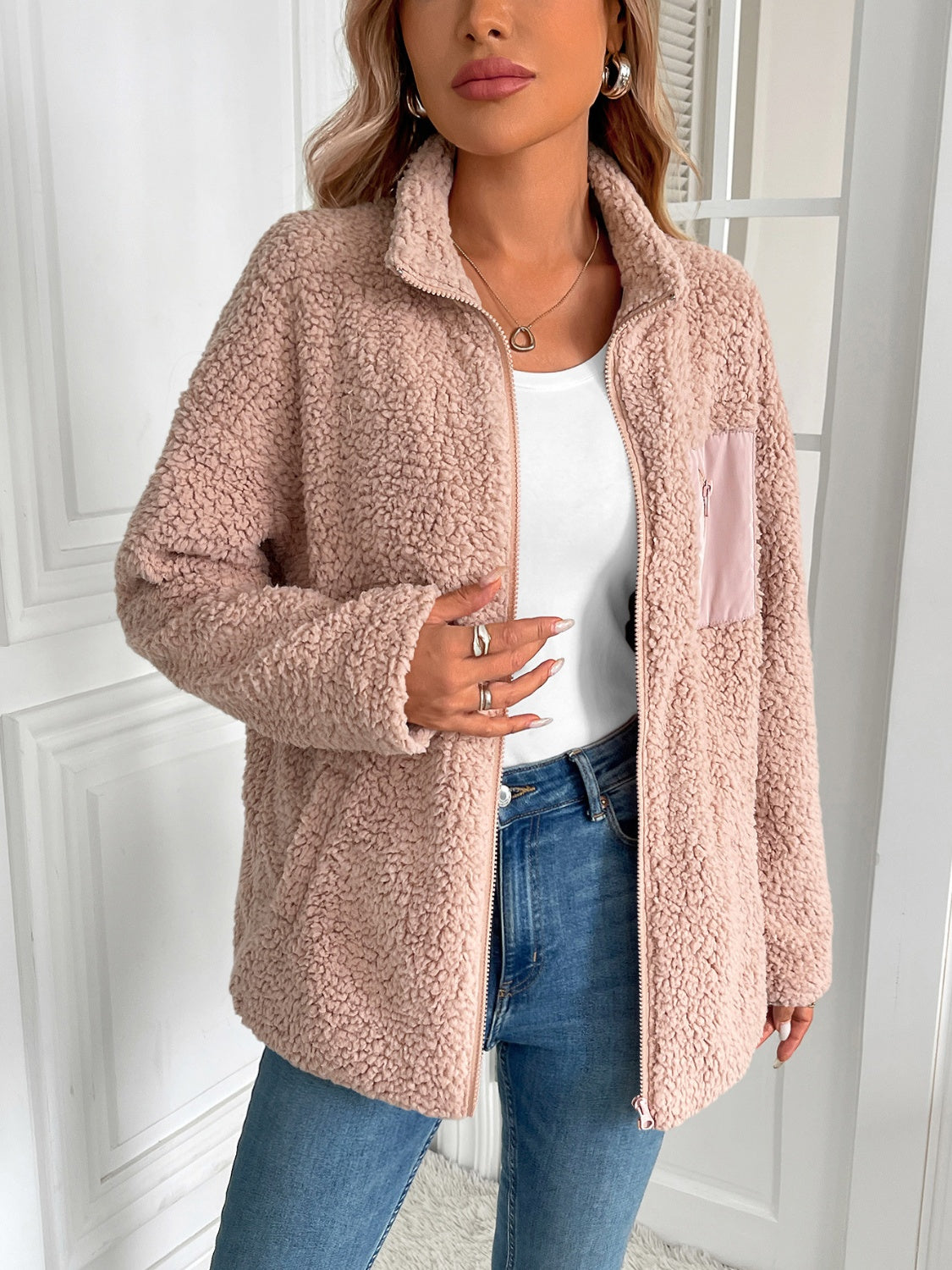 Ivy Lane Zip Up Long Sleeve Fuzzy Jacket