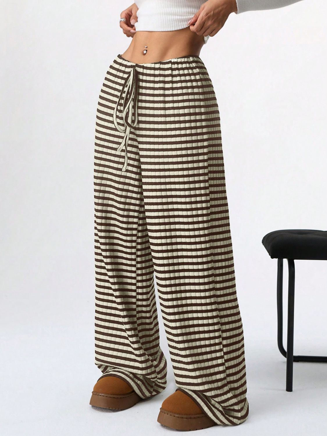 Tied Striped Wide Leg Pants