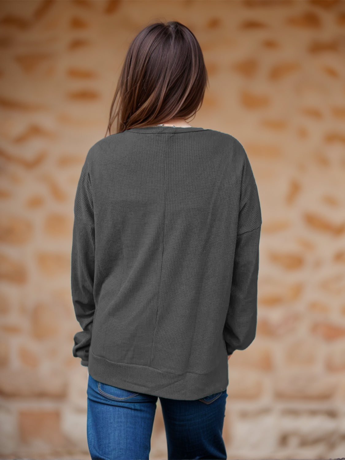 Side Slit Round Neck Long Sleeve T-Shirt